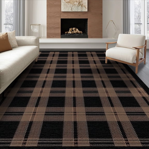 ODIKA 8'x10' Washable Area Rug Buffalo Plaid Farmhouse Tartan Design With Striped Border Accents for King Size Bedroom Under Bed, Master Suite, Non-Shedding, Easy Care