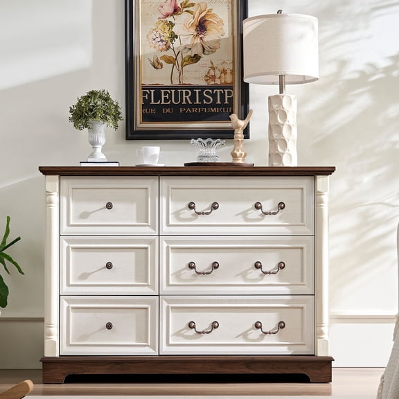 YIYADO Farmhouse 6 Drawer Bedroom Dresser with Base Wood Antique Chest of Drawers, with Large Drawers for Kids Room Bedroom Living Room Hallway, White