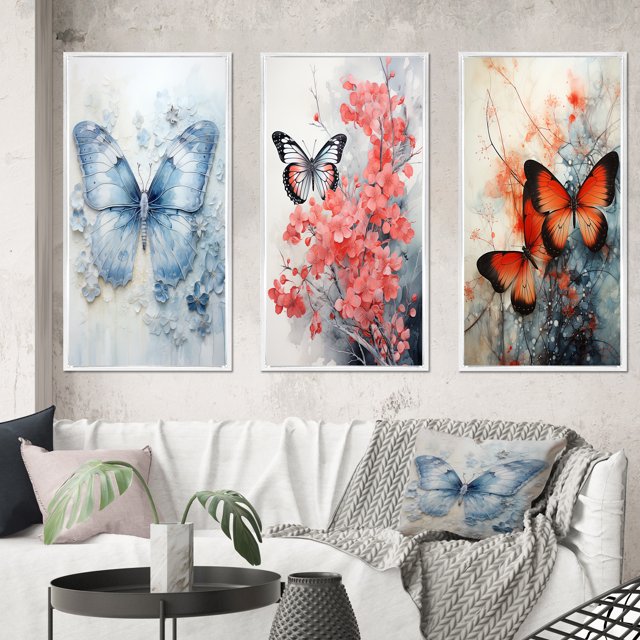 Designart "Blue Butterfly Wings I" Animals Framed Wall Art Set Of 3 - Blue Butterfly Frame Canvas Set For Living Room Decor