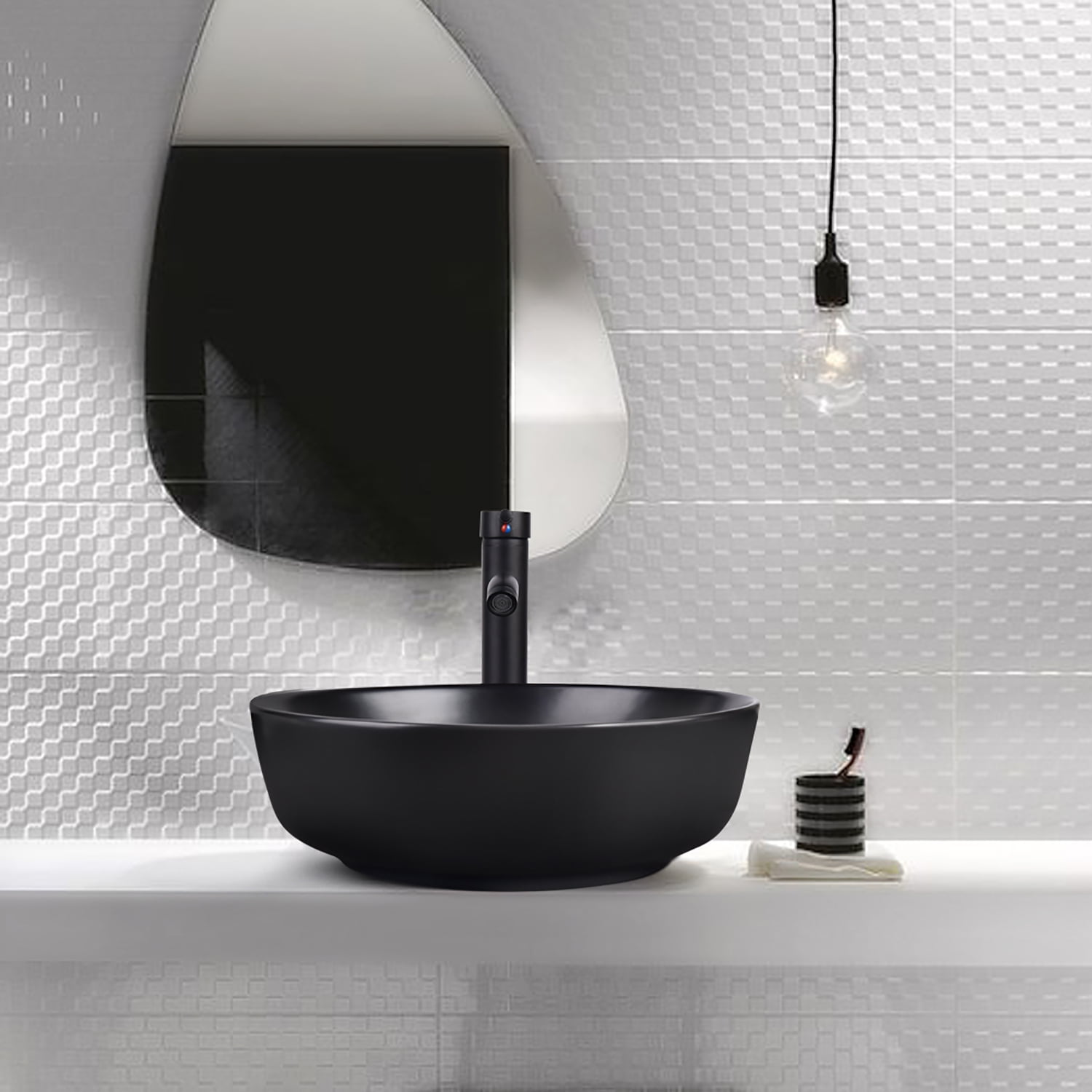 FULLWATT Black Ceramic Bathroom Sink, Above Counter Porcelain Vessel Sink with Black Faucet and Pop up drain Combo, Round