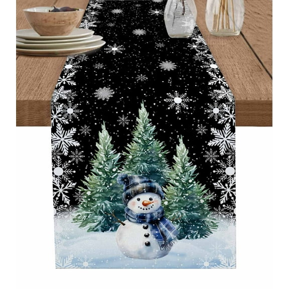 ERUNPONLY Black Snowman Christmas Table Runner - 90 Inch Long Snowflake Green Xmas Tree Cotton and Linen Blended Dress Scarves Farmhouse Table Runner for Kitchen Dining, Coffee Table, 13"x90"