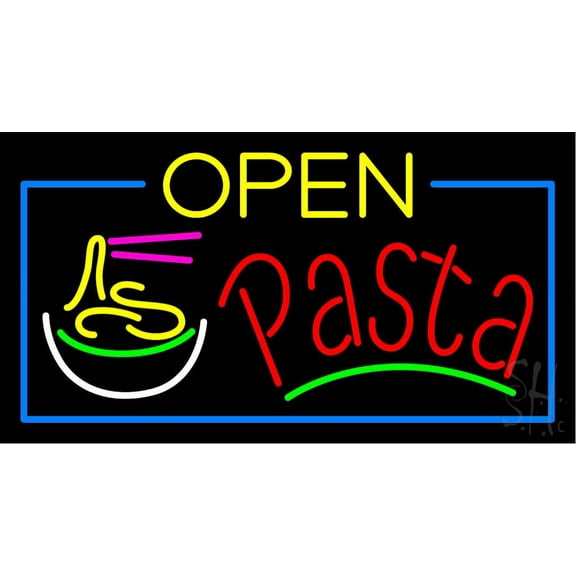 Open Double Stroke Pasta LED Neon Sign 20 x 37 - inches, Black Square Cut Acrylic Backing, with Dimmer - Bright and Premium built indoor LED Neon Sign for restaurant window and interior decor.