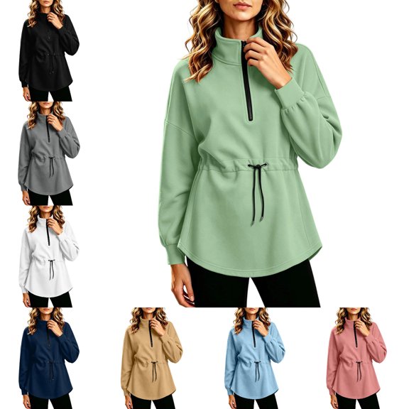 FAHUOMU Womens Sweatshirt Oversized Quarter Zip Stand Collar Drawstring Waist Long Sleeve Soft Casual Pullover Fall Tops