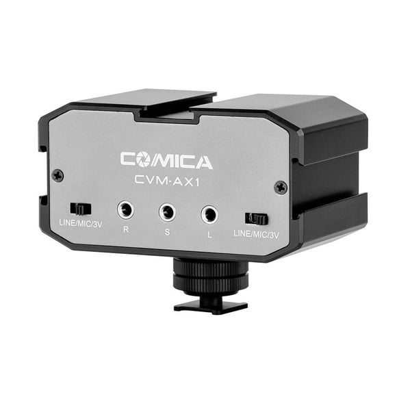 Mezclador de sonido CoMica CVM-AX1 Adaptador de mezclador de audio Universal de doble canal Puerto de 3,5 mm Soporte de mezclador Monitoreo en tiempo real Interruptor de salida mono / estéreo para cám Comica Mezclador de sonido