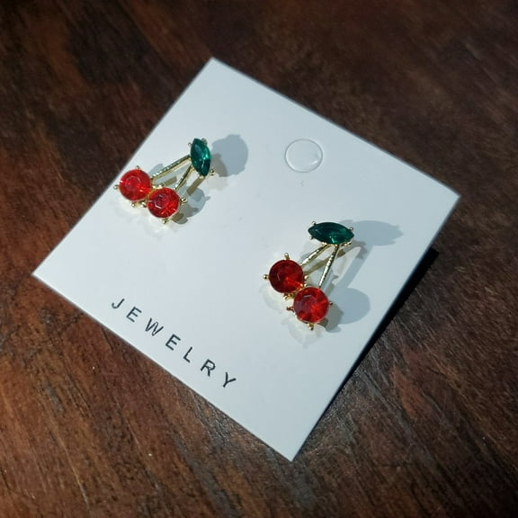 Red Cherry Earrings Gold Studs Cubic Zirconia Gemstone Jewelry