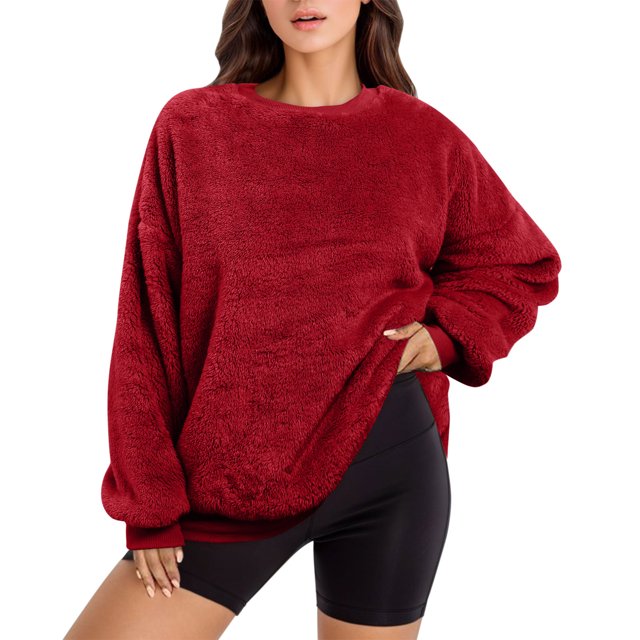 GDREDA Women's Oversized Long Sleeve Crewneck Fuzzy Knit Warm Sweaters 2024 Fall Pullover Sweater Tops Red,L