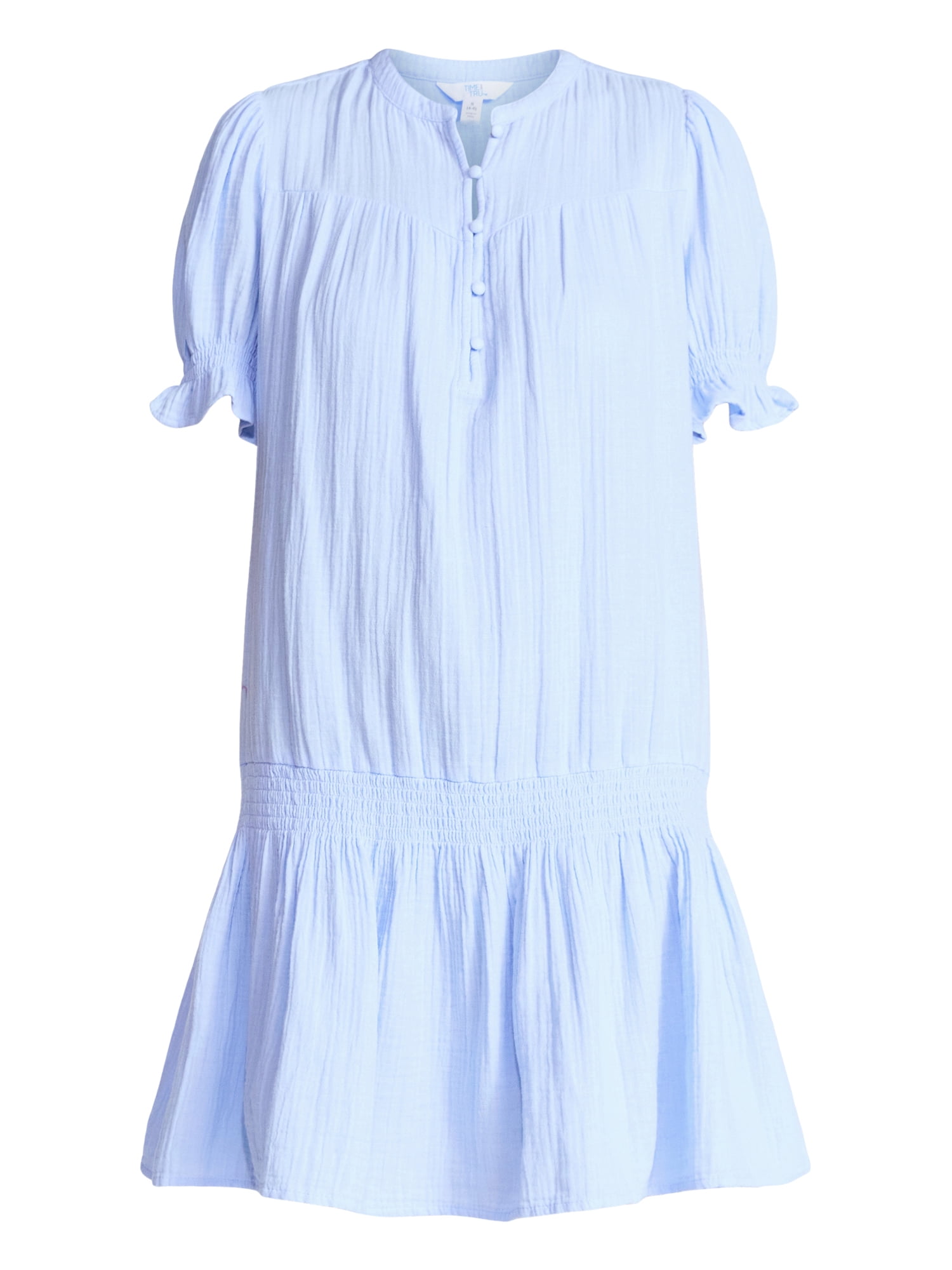 Time and Tru Women's Cotton Double Cloth Mini Dress with Drop Waist, Sizes XS-XXXL