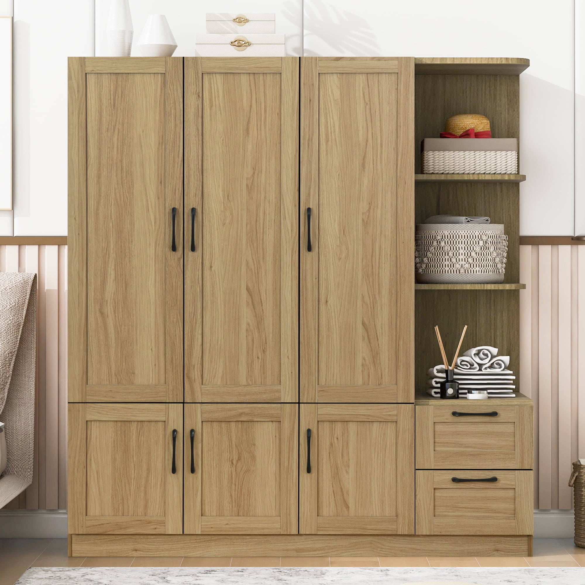 Euroco Modern Wood 3-Door Wardrobe with Drawers and Shelves for Kids Adults, Natural