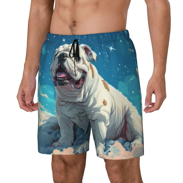 Bingfone Starry Sky Cloud Bulldog for Men's Double Layer Swimming Trunks with Lining, Drawstring Style with Pockets Beach Shorts Men's Swimsuit-XX-Large
