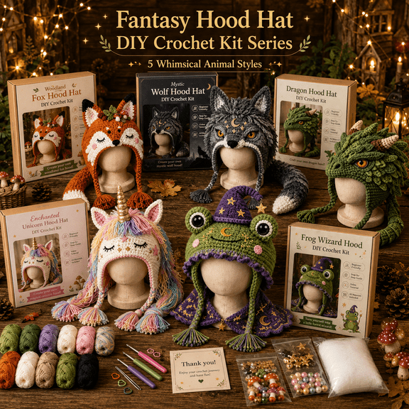 Fantasy Hood Hat DIY Crochet Kit Series, Animal Hood Hat Crochet Kit with Yarn, Hook and Step-by-Step Guide for Beginner Adults, Halloween Festival Craft Gift