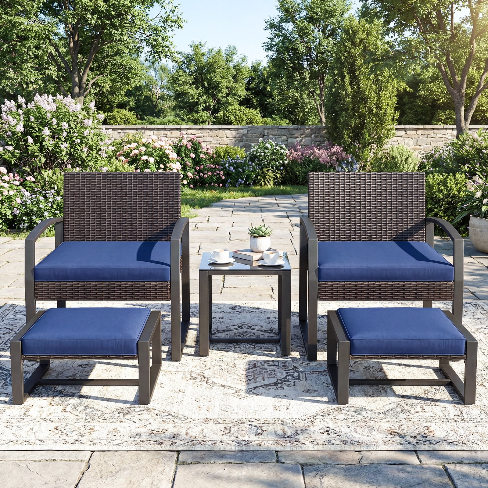 Costway Outdoor Furniture Set, Patio Rattan Conversation Set for Balcony,Porch, Backyard Mix Brown + Navy Blue