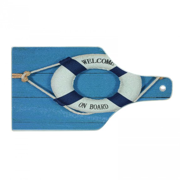 Coastal Cutting Board, Welcome on Board Sign on Painted Timber Wall Tightened with Rope, Decorative Tempered Glass Cutting and Serving Board, Wine Bottle Shape, Blue Navy Blue White, by Ambesonne