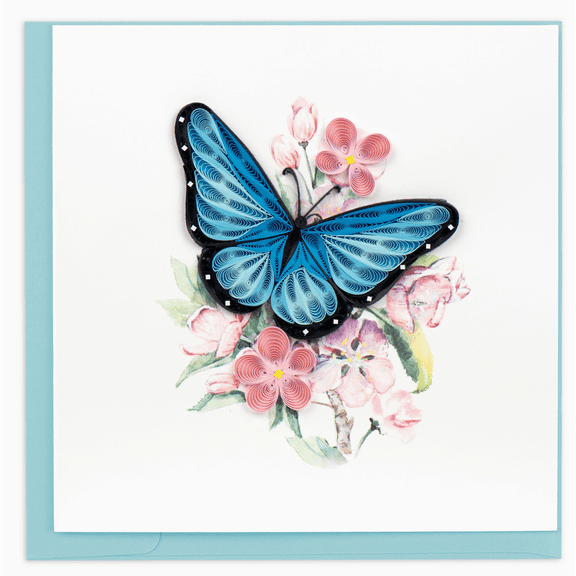 Quilling Card Quilled Blue Butterfly and Pink Flowers Card