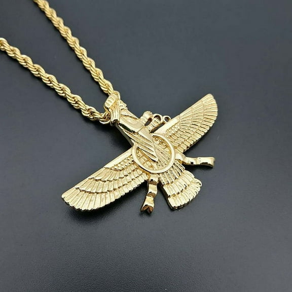 Men Hip hop Iran Faravahar Ahura Zoroastrian Pendant Necklace Gold Color Stainless Steel Men Jewelry
