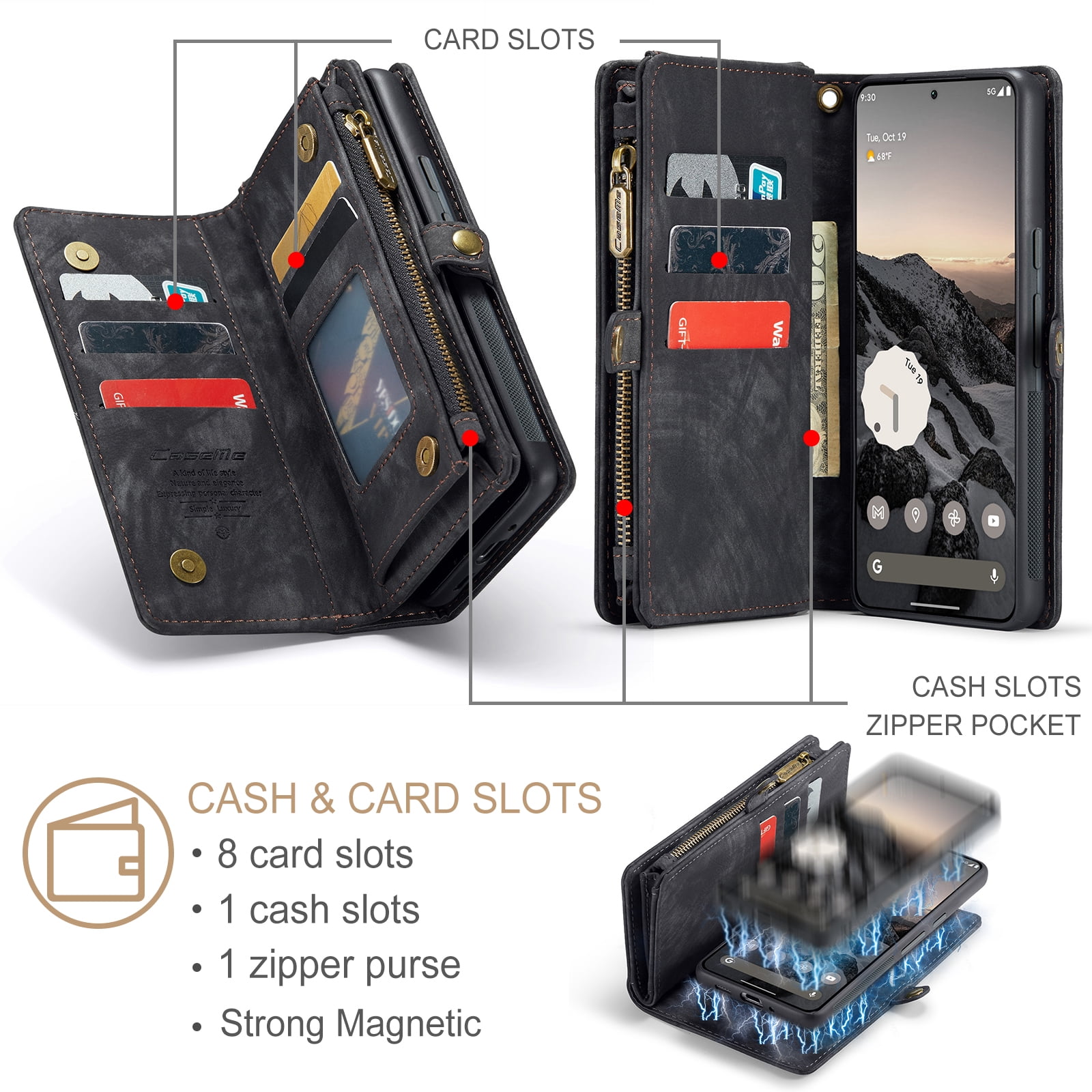 Feishell Durable 2- In-1 Magnetic Detachable Wallet Case for iPhone 16,for Women Men,Premium PU Leather Zipper Pocket Flip Multi Card Slots Purse Phone Case with Wrist Strap,Black