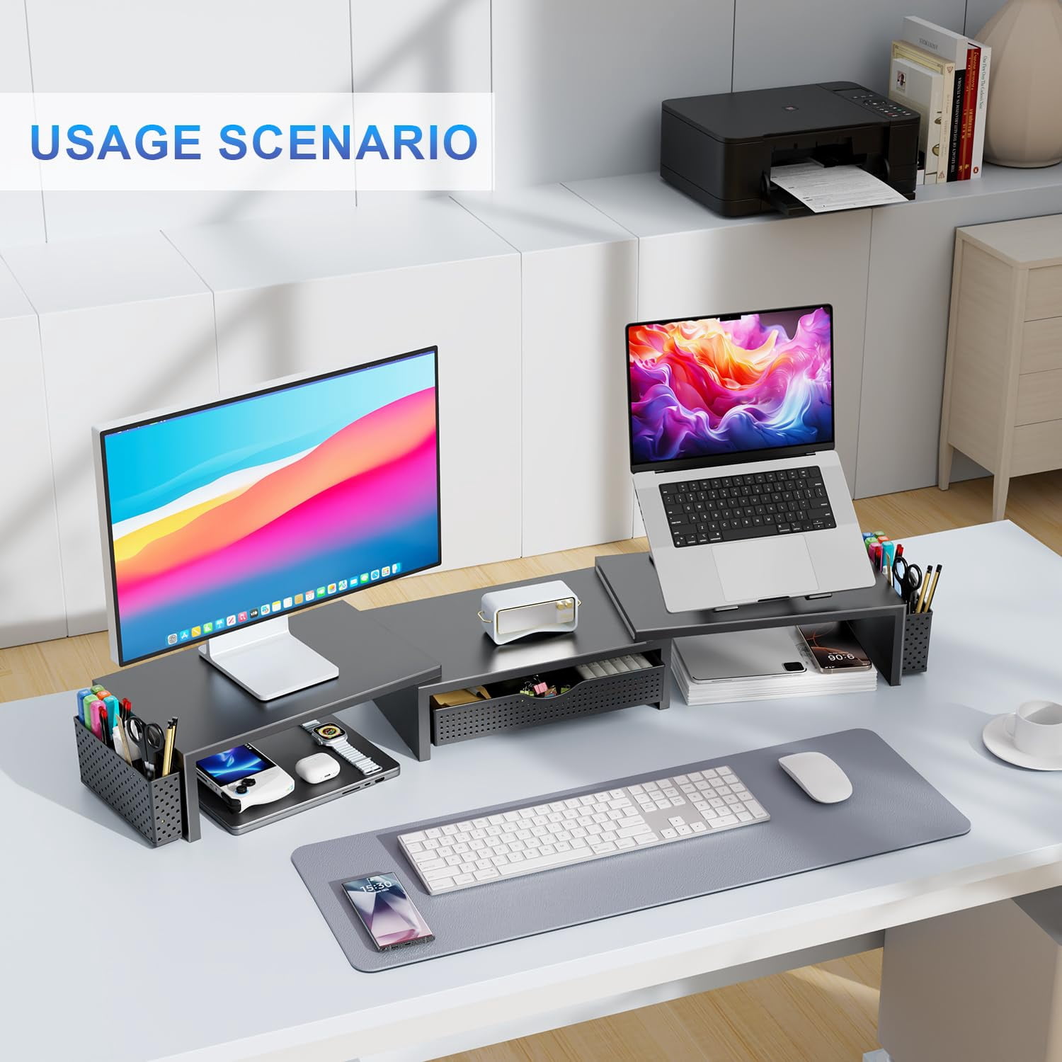 Dual Monitor Stand Riser  Desk Organizer With Drawer And 2 Pen Holders Computer Shelf For Top Of Black