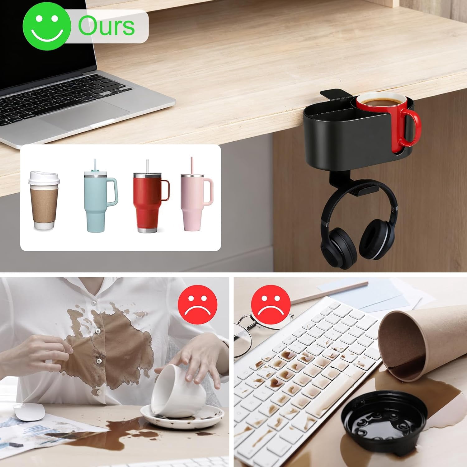 4 in 1 Desk Cup Holder, Clamp On Drink Holder with Headphone Hanger, Anti-Spill Clip on Desk Organizer for Pen Phone Mug, Gaming Office Desk Accessories fits Most Desks