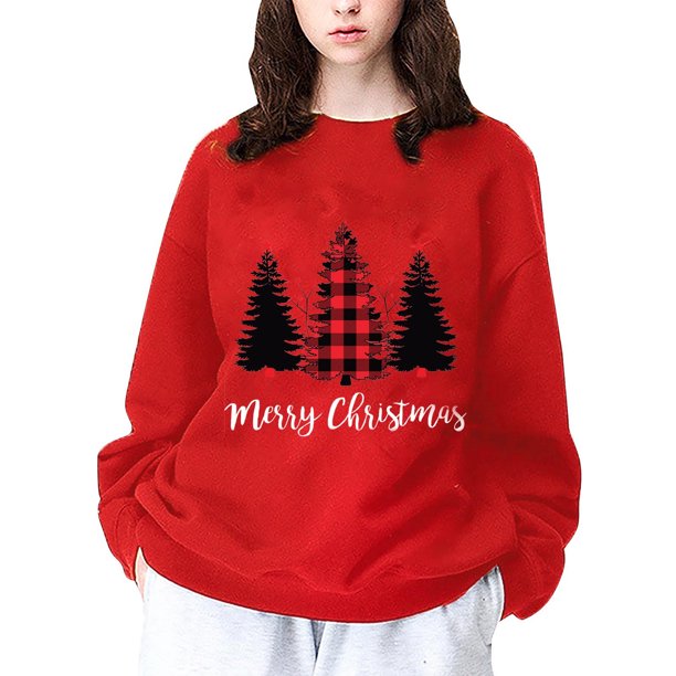 Sudaderas universitarias Gibobby sin capucha Suéter navideño de manga larga con hombros descubiertos y estampado de Árbol de Navidad y estrella vintage rojo M