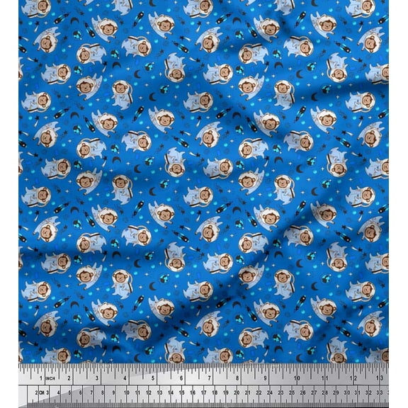 Soimoi Silk Fabric Star,Planet & Astronaut Monkey Kids Print Fabric by The Yard 42 Inch Wide