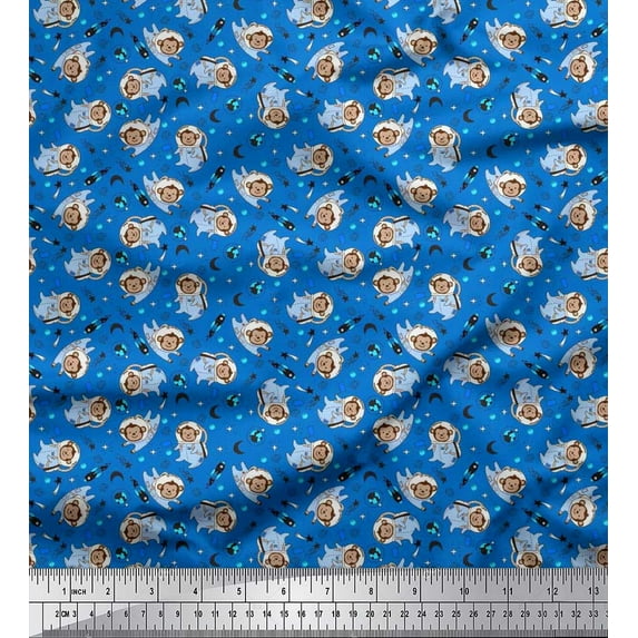 Soimoi Rayon Fabric Star,Planet & Astronaut Monkey Kids Print Sewing Fabric Yard 56 Inch Wide