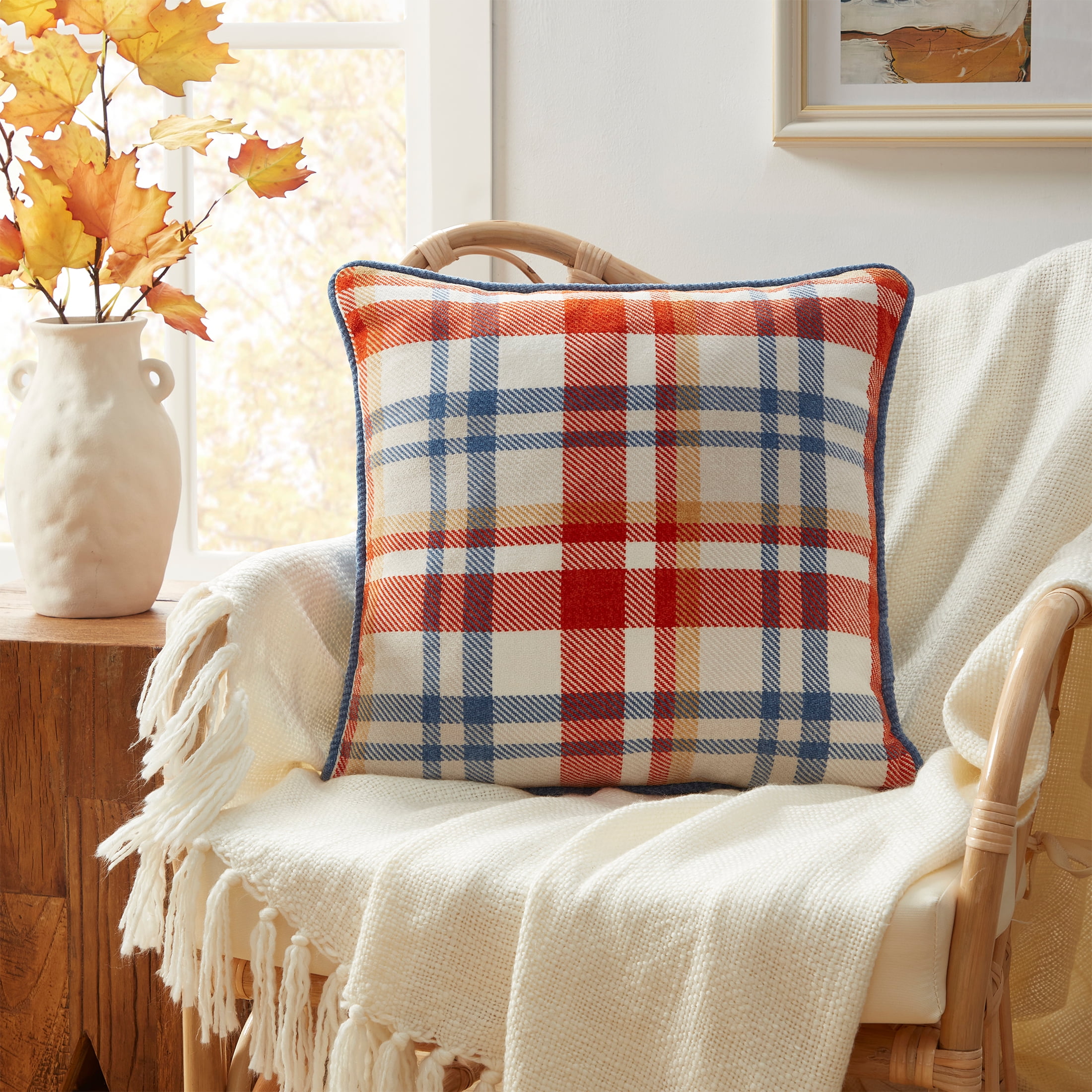 (2 pack) Way to Celebrate 18" x 18" Multicolor Plaid Chenille Decorative Pillow