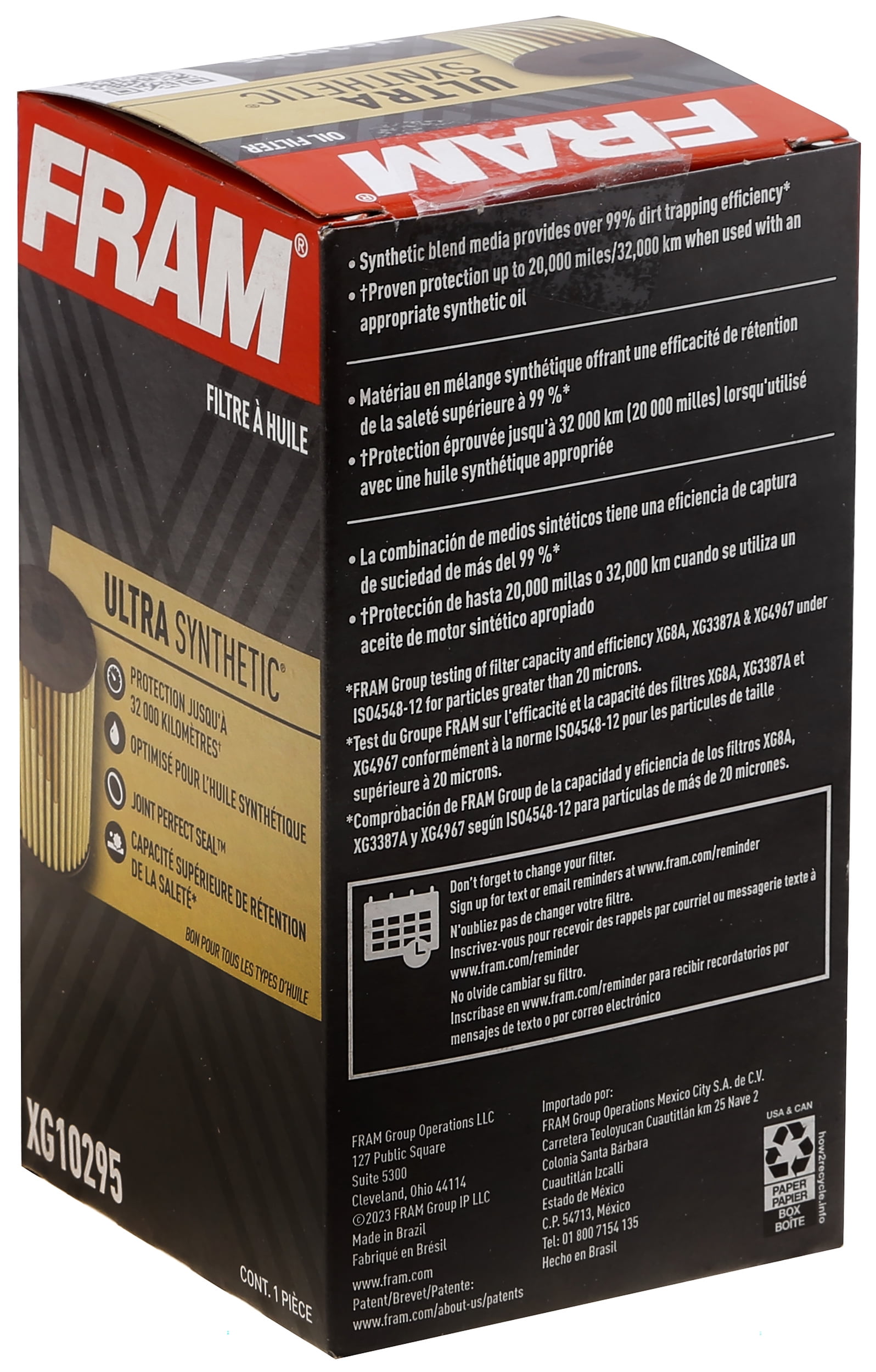 FRAM Ultra Synthetic Oil Filter, XG10295, 20K mile Replacement Filter for Select Vehicles