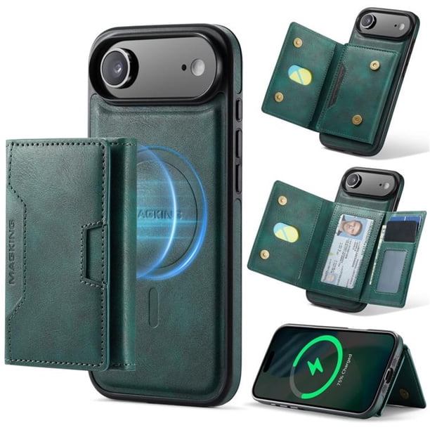Case For IPhone Air Funda Protectora RFID de 6,5" con Ranuras para 7 Tarjetas Magsafe, Soporte 2 en 1, Funda Protectora de Cuero Desmontable a Prueba de Golpes, Verde, For IPhone Air
