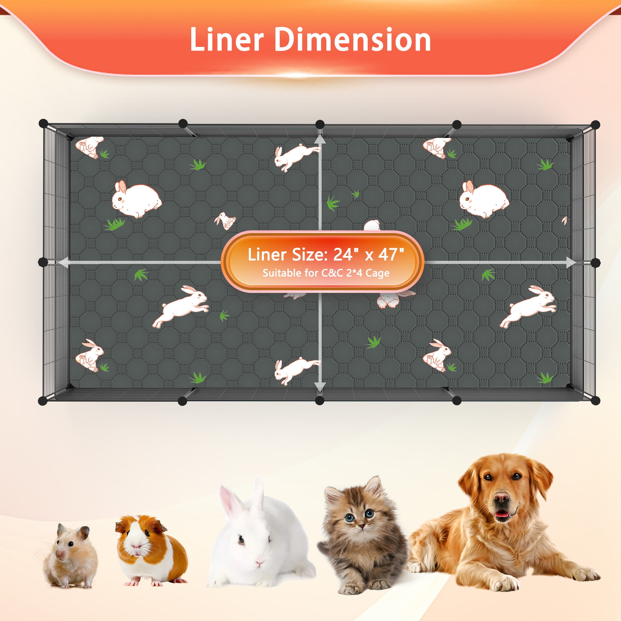Guinea Pig Cage Liners Washable (2 Pack) - 47x24 Inch Waterproof & Absorbent Pee Pads | Reusable Fleece Bedding with Non-Slip Backing | Odor Control for Midwest & C&C Cages, Rabbits