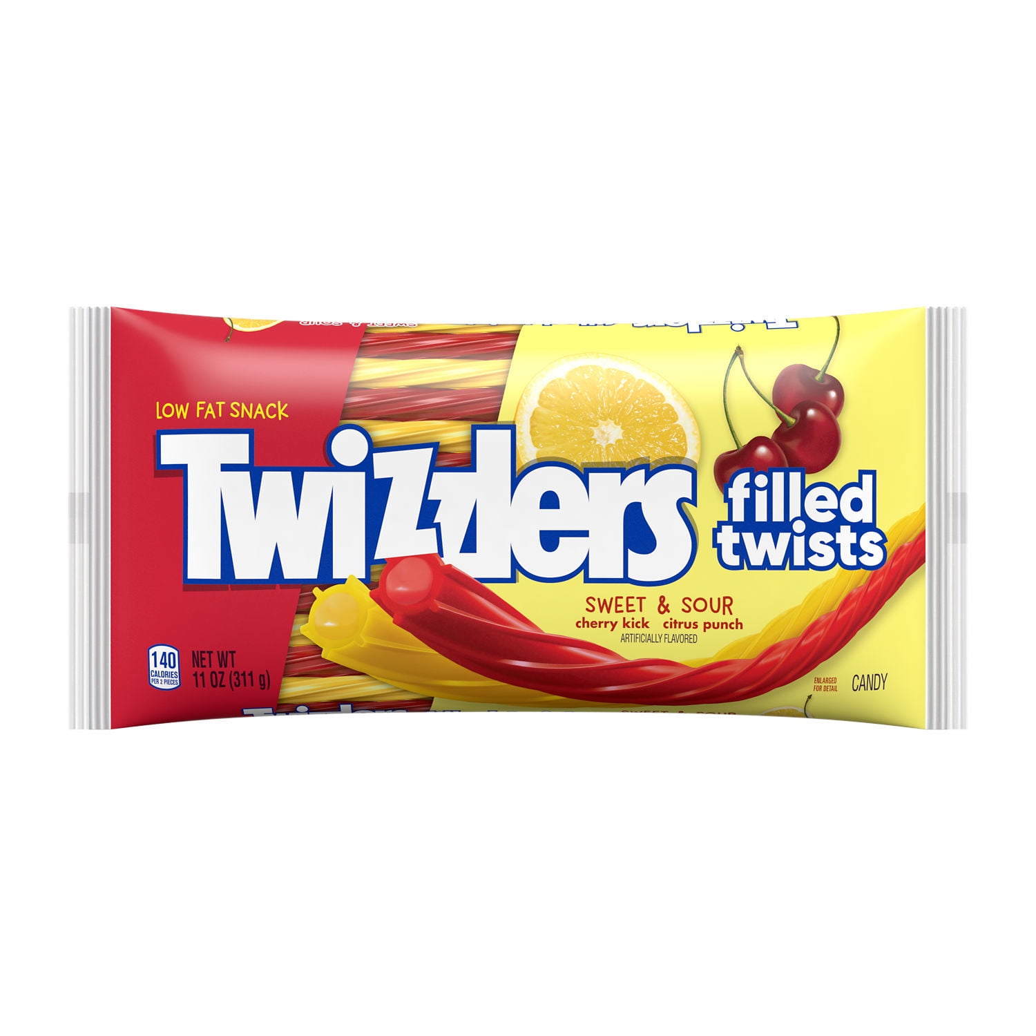 TWIZZLERS Filled Twists Sweet and Sour Cherry Kick Citrus Punch Flavored Chewy, Low Fat Candy Bag, 11 oz
