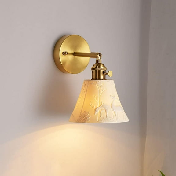 Creative Wall Sconce Modern Wall Mount Light Deer Pattern Ceramic Shade, Adjustable Brass Wall Lamp Bedroom Bedside Reading Lights, Living Room Decor Copper Wall Sconces