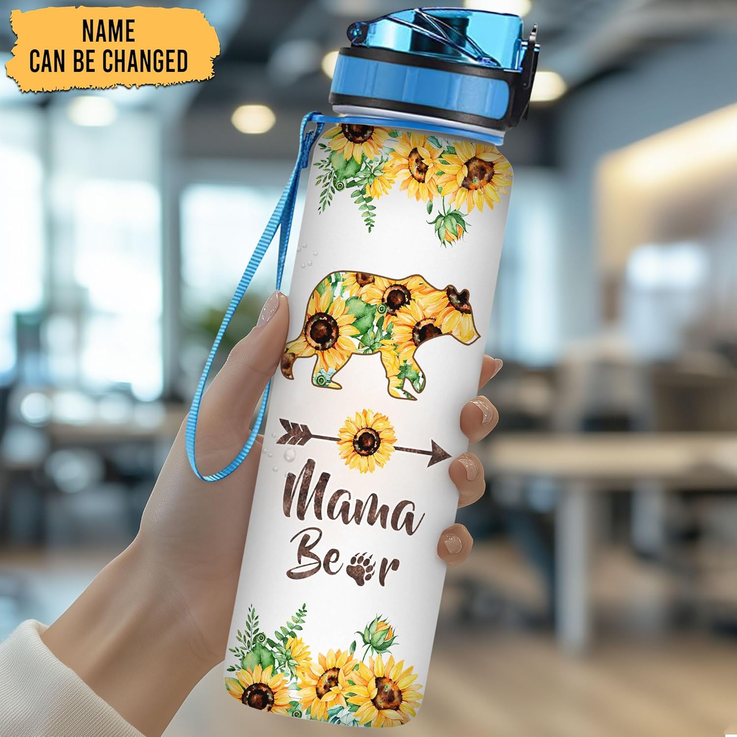 Bear Lovers Water Bottle - 32 Oz 1Liter Motivational Bottle With Time Marker, Mama Bear With Sunflower Gift For Animal Lovers, Women, Girls, Mom on Birthday, Christmas