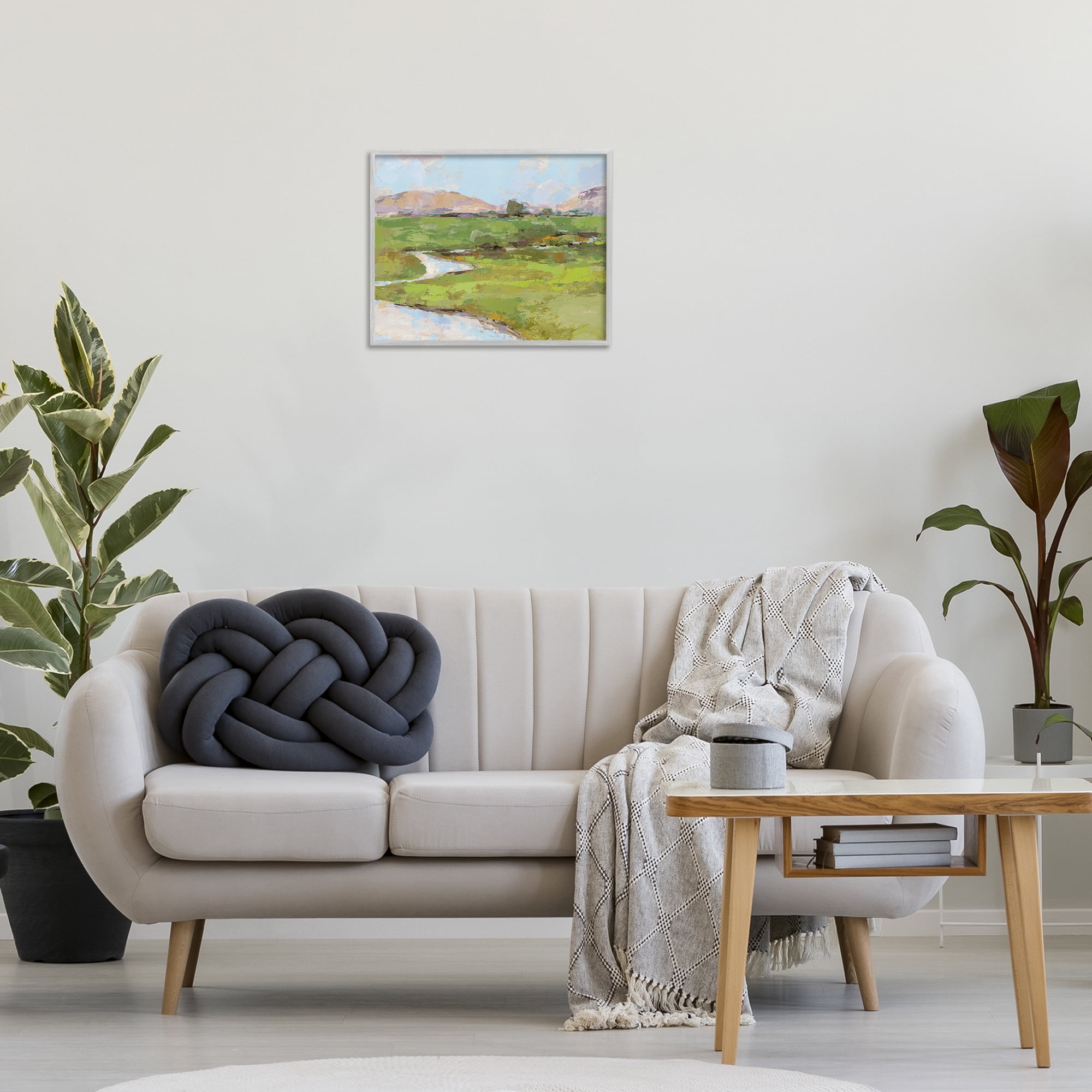 Stupell Industries Hillside Winding Stream Landscape Painting Gray Framed Art Print Wall Art, 20 x 16