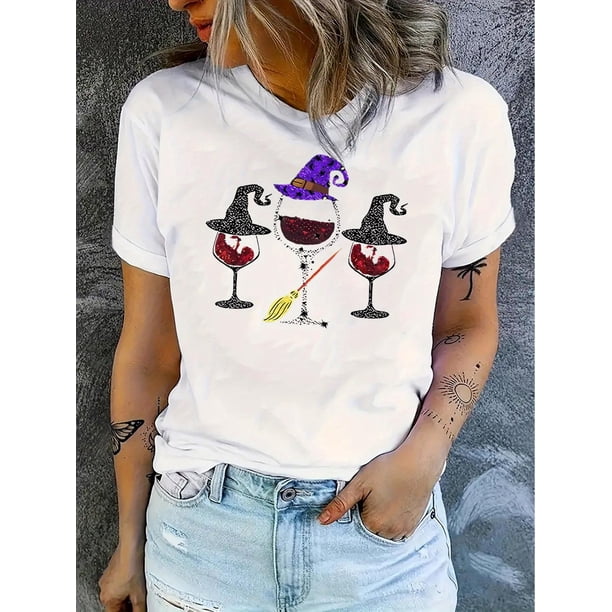 Witchy Red Wine Glass Graphic Tee for Women - Casual Crew Neck Short Sleeve T-Shirt, Stretchy & Comfortable Summer Top
