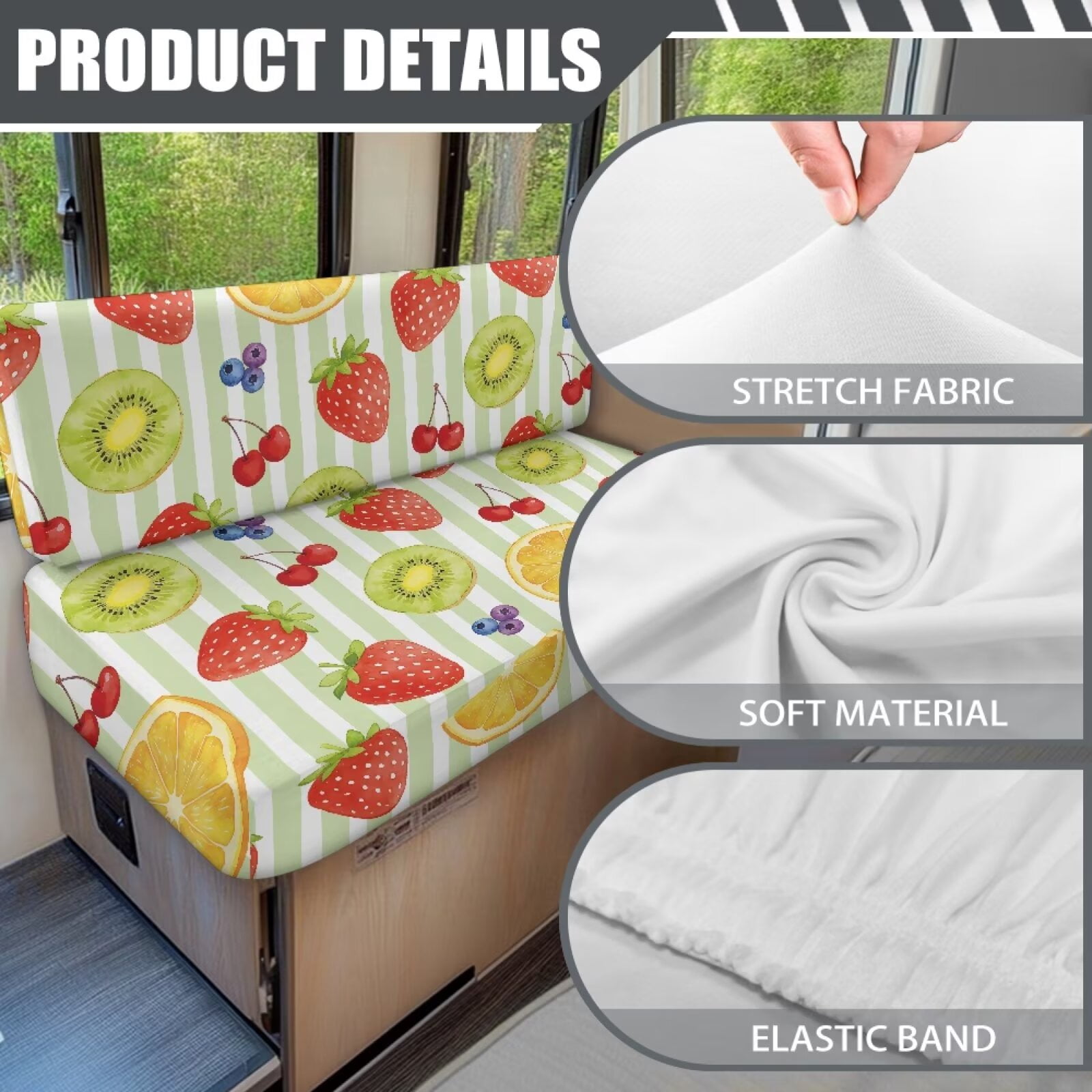 Psesaysky Dinette Seat Covers 2 Pcs Stretchable Camper Cushion Slipcover Colorful Fruits RV Couch Cover with Elastic Edge Non-Slip Sofa Slipcover for Travel Trailer RV Accessories