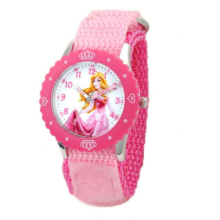 Disney Princess Girls' Stainless Steel Case with Bezel Watch, Pink Nylon Strap