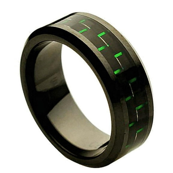 8mm Ceramic with Green & Black Carbon Fiber Inlay Wedding Band Ring For Men Or Ladies