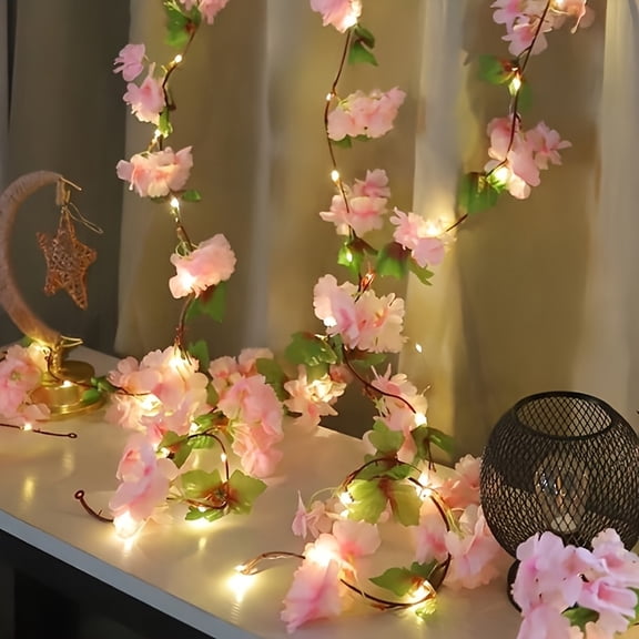 8 Pcs Cherry Blossom Fairy String Lights Set, 4 Artificial Sakura Flower Vines with 4 LED Battery String Lights, Indoor Floral Garland Lights for Wedding Decor Room Wall Decoration Spring Party