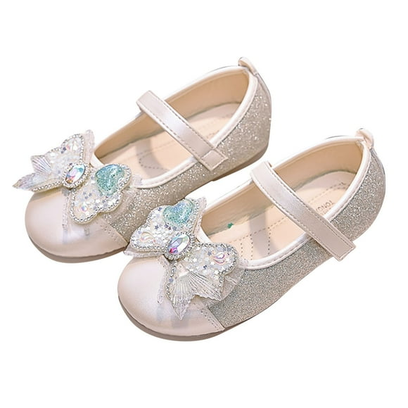 LOVZFMLL Girls Dress Shoes Glitter Princess Rhinestone Girls Mary Jane Low Heels Party Wedding Footwear for Toddler Kids White 5.5-6 Years