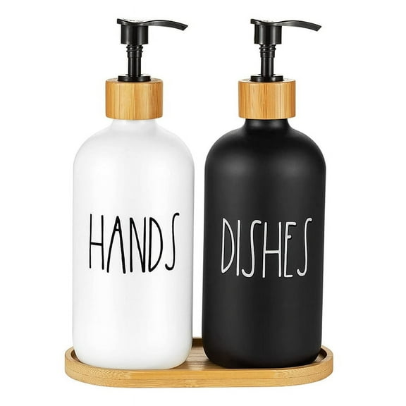 Qtmnekly Hand and Dish Soap Dispenser for Kitchen Sink - Farmhouse Kitchen Soap Dispenser Set with Tray (Black & White)
