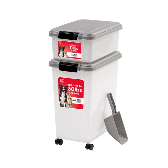 IRIS USA Airtight Dog Food Storage Container Combo, 30 lb + 11 lb Stackable Pet Food Bins with Wheels, Cat Food & Dog Treat Storage, BPA Free, Includ