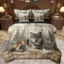 Feelyou Jungle Wildlife Wolf Bedding Comforter Set 7pcs, Countryside Animal Queen Bedding Sets, Rustic Wooden Plank Reversible Queen Sheet Sets, Microfiber Bedroom Decor
