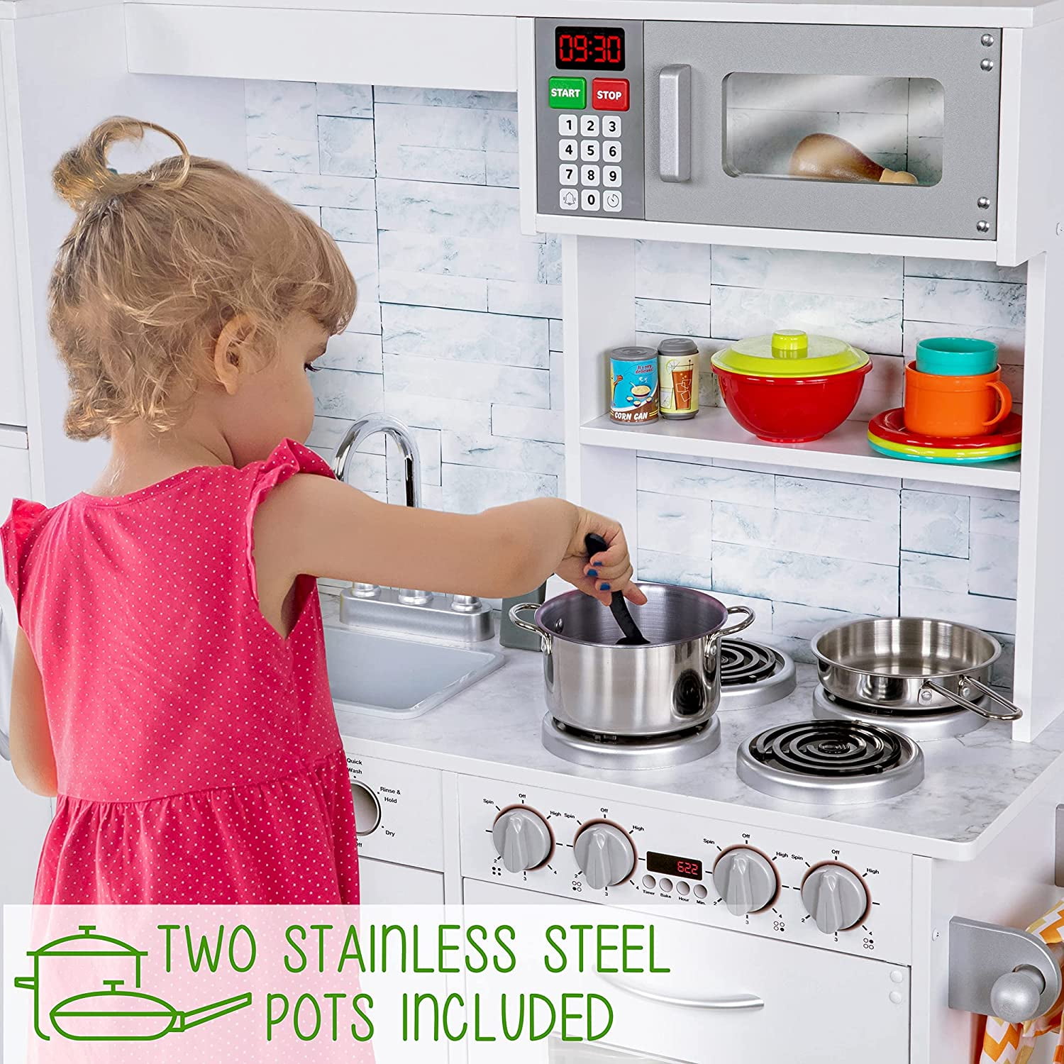 Lil' Jumbl Kids Kitchen Set, Pretend Wooden Play Kitchen, Battery Operated  Icemaker & Microwave with Realistic Sound, Pots & Pan Included - Charcoal