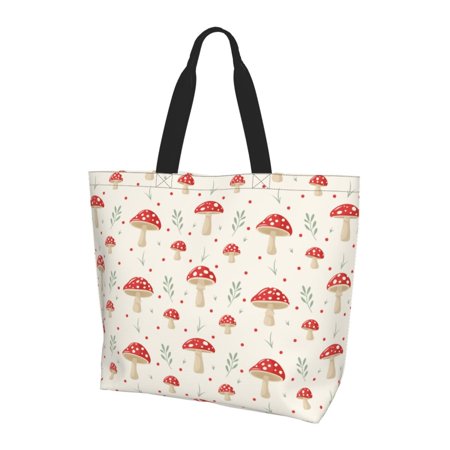Kuqiui Mushroom Print Tote Bag Zipper Tote Bag for Women Tote Bag Inner Pocket Pattern Lightweight Daily Bag Book Bag
