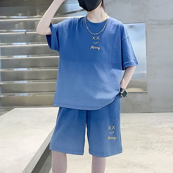 RUTAYY Boys Tracksuit Cartoon Face Letter Print Crew Neck Short Sleeve Top Loose Shorts 2 Piece Outfit Set Blue