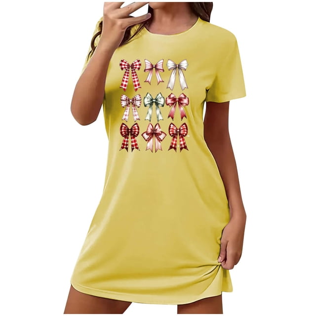 Tnhcen Pyjama Polyvalent Grande Taille Soie de Lait Robe Courte Double Face Col Rond Été Imprimé Mignon Polyester Spandex P-2TG pour Dormir/se Détendre