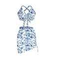 thumbnail image 4 of UTSJKR Women's Blue White Floral Halter 3 Piece Bikini Set, Drawstring Skirt Bathing Suit for Summer Tropical Vacation Beach Wear Blue M, 4 of 7