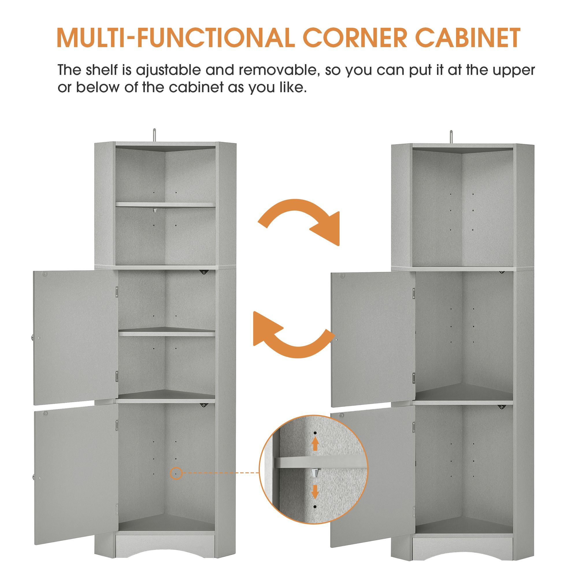 DEALTOPS Modern Tall Corner Cabinet, Freestanding Storage Cabinet with Adjustable Shelves, Gray