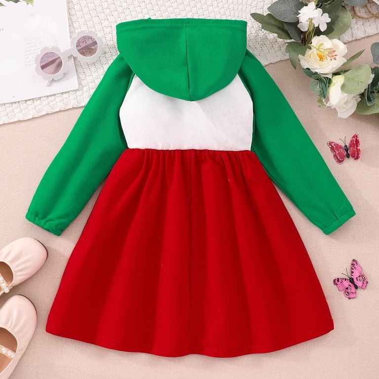 rainbow christmas dress Girls Hooded Sweatshirt Dresses Mesh Long Sleeve A Line Fall Casual Cute Toddler Clothes Green 5 Years EO Summer Sale