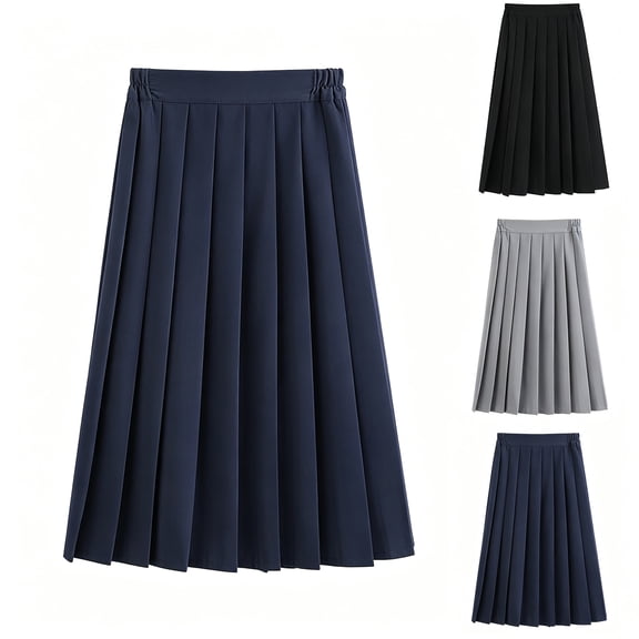 FAVIPT Girls Pleated Midi Skirts Elastic Waisted A-Line Knee Length School Uniform Skirt Casual Flowy Swing Preppy Skorts Navy,4XL