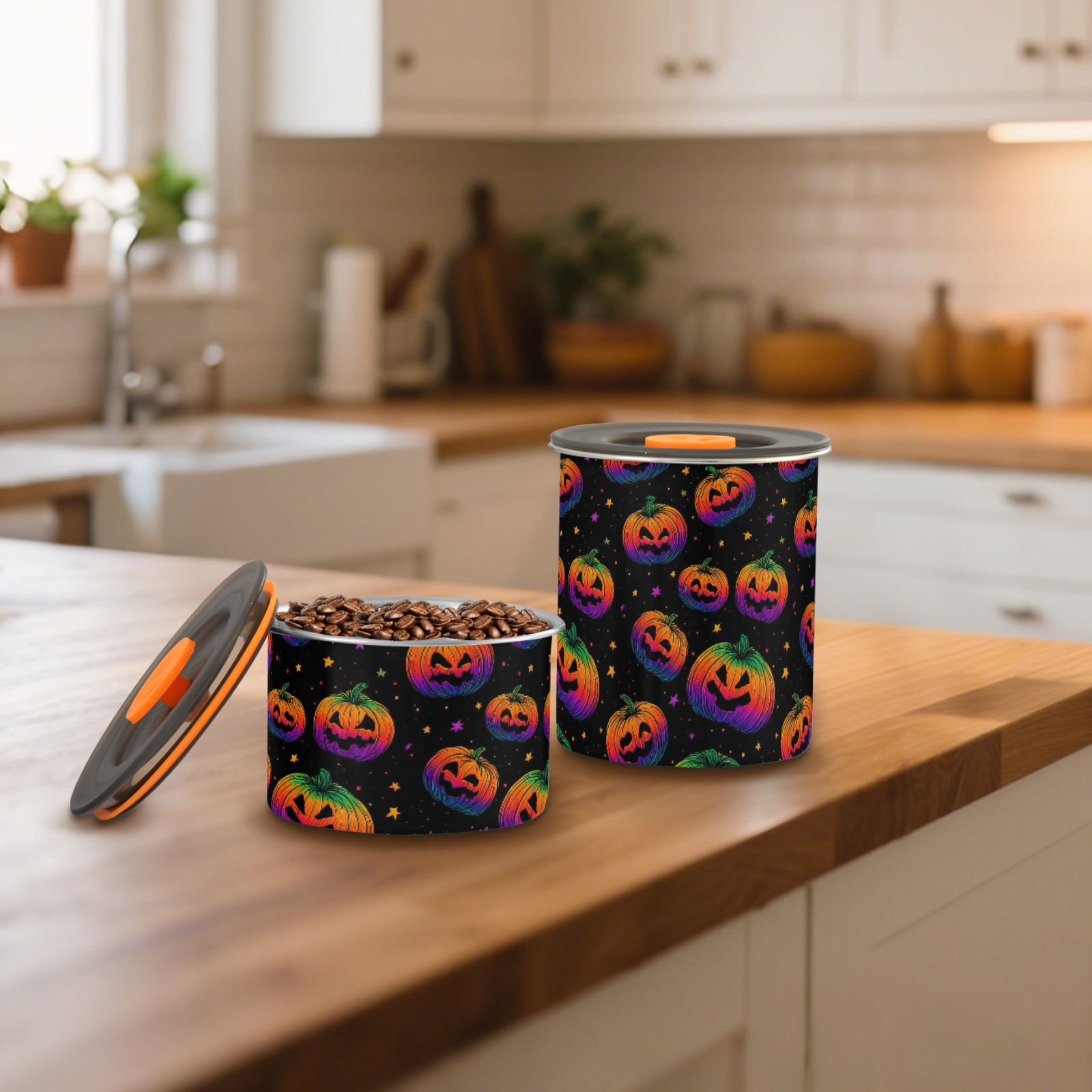 Stars Colorful Pumpkins Pattern Airtight Coffee Bean Canister 30oz Food Storage Containers with Lids For Gournd, Tea, Sugar, Flour, Rice, Cereal, Candy Cookie Jar